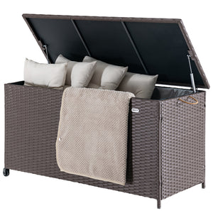 Baule Portaoggetti da Giardino Cassapanca Polyrattan Impermeabile 2 Ruote Marrone