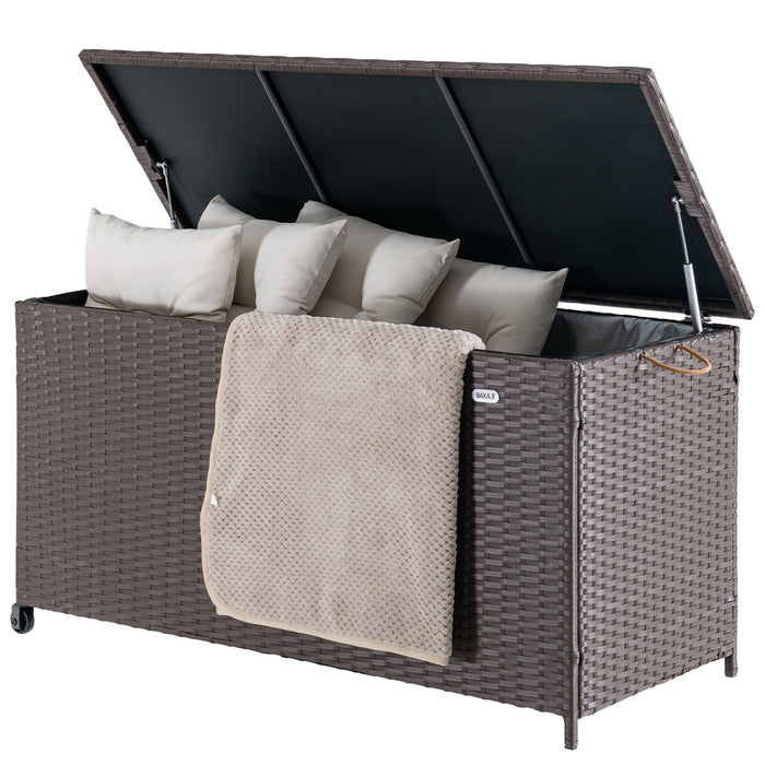 Baule Portaoggetti da Giardino Cassapanca Polyrattan Impermeabile 2 Ruote Marrone