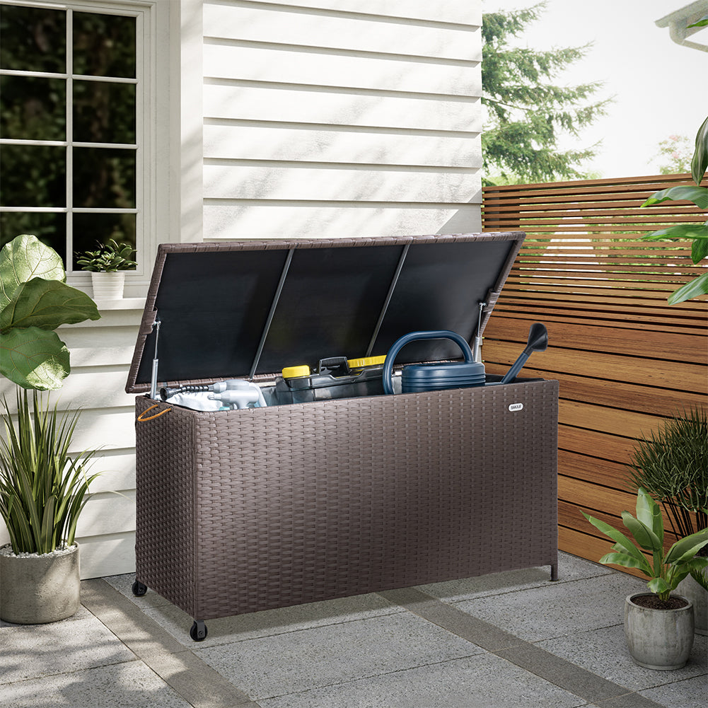 Baule Portaoggetti da Giardino Cassapanca Polyrattan Impermeabile 2 Ruote Marrone