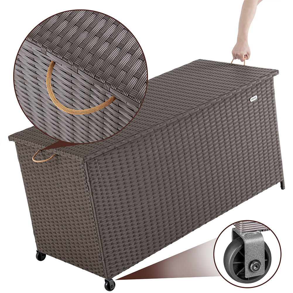 Baule Portaoggetti da Giardino Cassapanca Polyrattan Impermeabile 2 Ruote Marrone