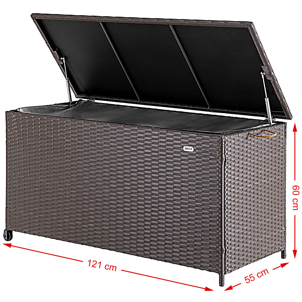 Baule Portaoggetti da Giardino Cassapanca Polyrattan Impermeabile 2 Ruote Marrone