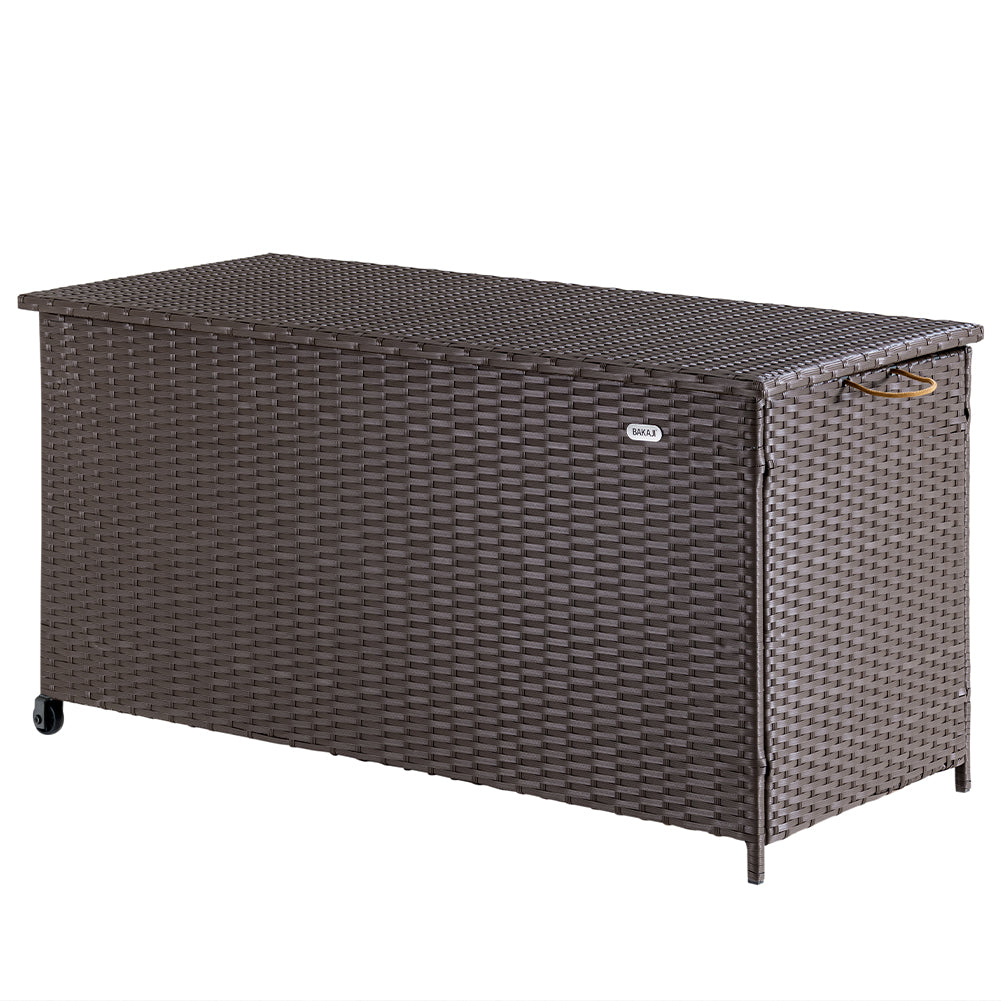 Baule Portaoggetti da Giardino Cassapanca Polyrattan Impermeabile 2 Ruote Marrone