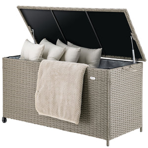 Baule Portaoggetti da Giardino Cassapanca Polyrattan Impermeabile 2 Ruote Crema