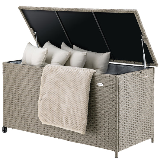 Baule Portaoggetti da Giardino Cassapanca Polyrattan Impermeabile 2 Ruote Crema