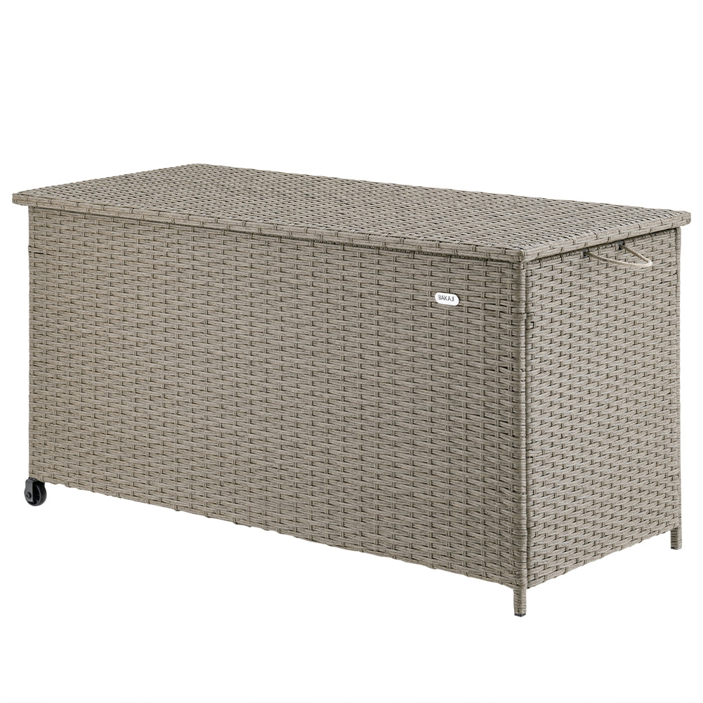 Baule Portaoggetti da Giardino Cassapanca Polyrattan Impermeabile 2 Ruote Crema