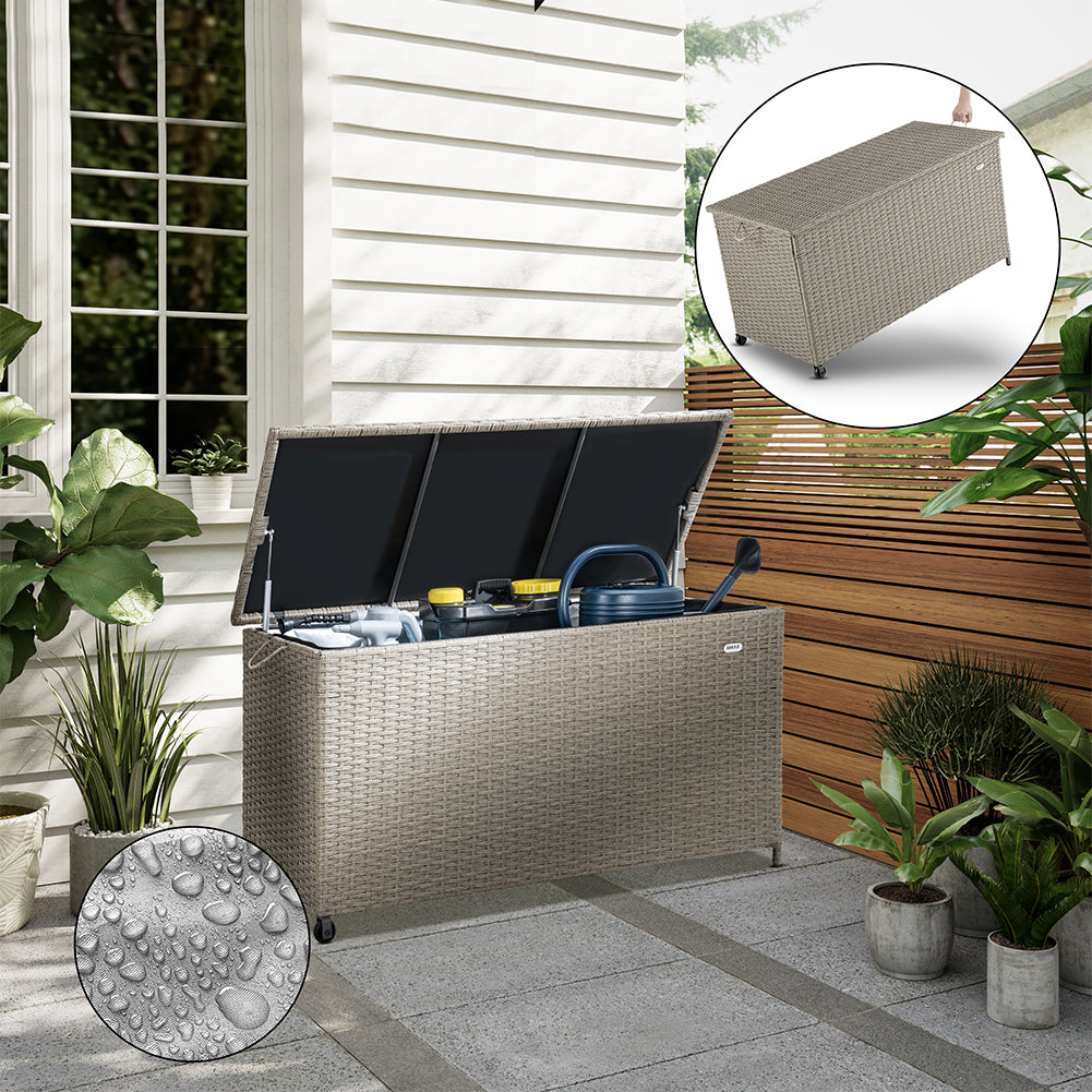 Baule Portaoggetti da Giardino Cassapanca Polyrattan Impermeabile 2 Ruote Crema