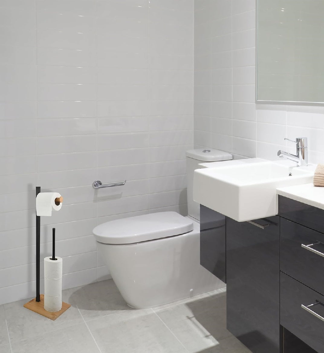 Piantana Bagno Porta Carta Igienica Legno Bambù Portarotoli da Terra Salvaspazio Nero