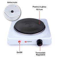 Fornello Elettrico Smaltato Piastra in Ghisa 1500W con Termostato Casa Campeggio