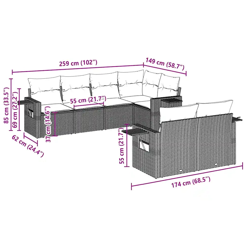 Set Divani da Giardino 7pz con Cuscini Grigio Chiaro Polyrattan