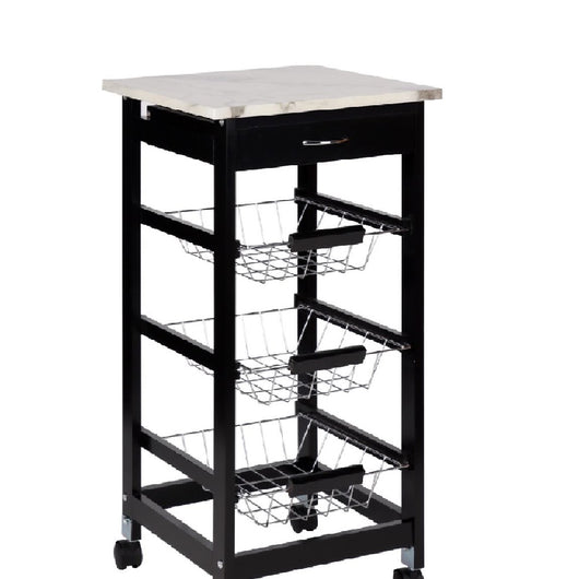 Carrello Cucina Legno 3 Cestelli Acciaio Top Effetto Marmo 1 Cassetto Salvaspazio