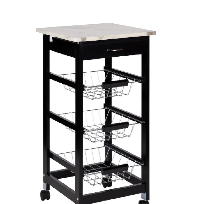 Carrello Cucina Legno 3 Cestelli Acciaio Top Effetto Marmo 1 Cassetto Salvaspazio