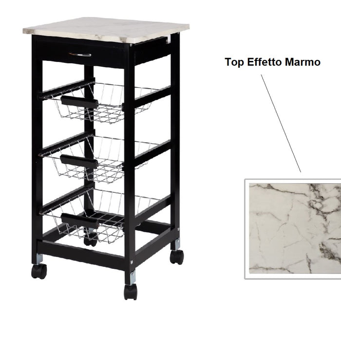 Carrello Cucina Legno 3 Cestelli Acciaio Top Effetto Marmo 1 Cassetto Salvaspazio