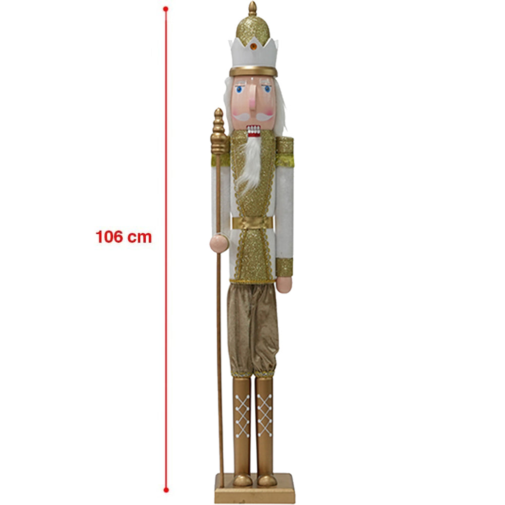 Soldato Schiaccianoci Natale in Legno 106 cm Decorazione Natalizia Oro e Bianco