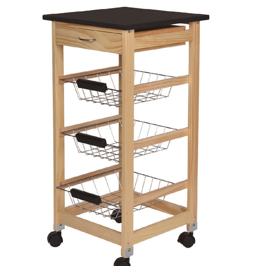 Carrello Cucina Legno 3 Cestelli Acciaio Top Nero 1 Cassetto Salvaspazio Noce Naturale