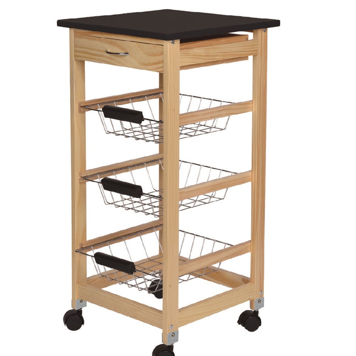 Carrello Cucina Legno 3 Cestelli Acciaio Top Nero 1 Cassetto Salvaspazio Noce Naturale
