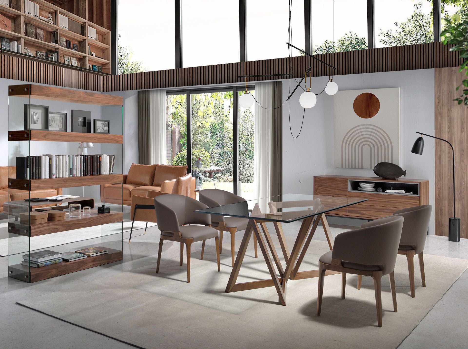 Tavolo da pranzo rettangolare vetro temperato e noce