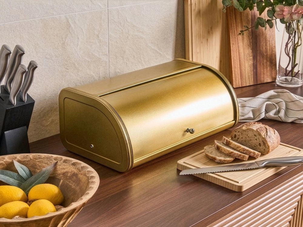 Contenitore per il pane in acciaio inossidabile dorato 45 x 26 x 17 cm Decorativo con coperchio a rotolo Cucina moderna