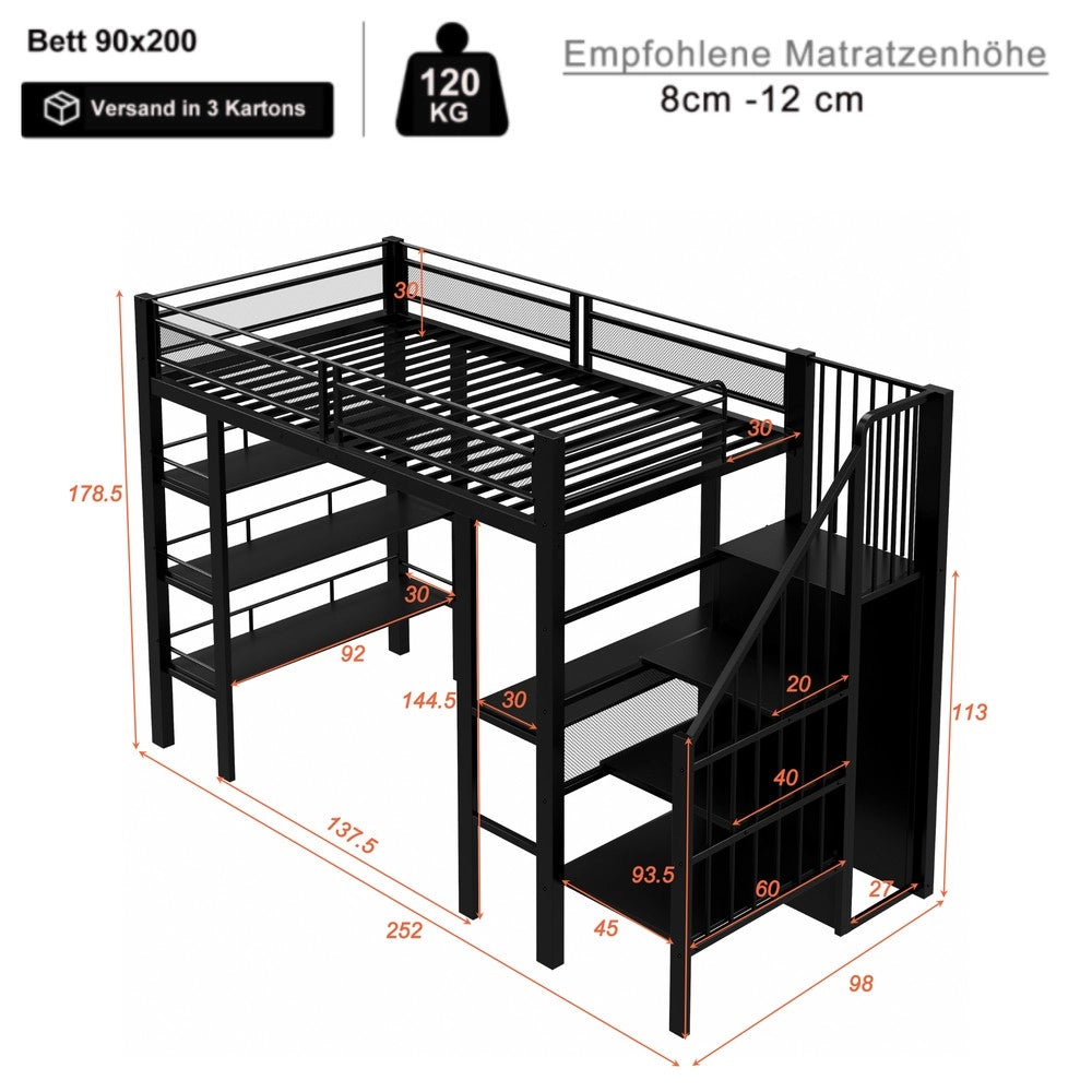 Letto a Soppalco Singolo ¨C Xylo ¨C Nero, LED, Rete a Doghe, Libreria, 90x200