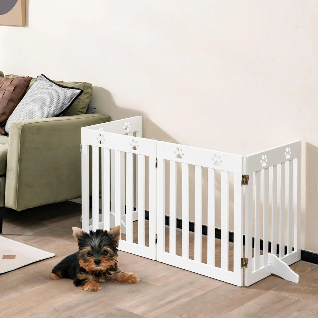 Cancelletto per Cani Pieghevoli 204 x 60 cm, Barriera per Cani in Legno a 4 Pannelli con Piedini Stabili, Recinzione per Scale, Ingressi e Corridoi (Bianco)