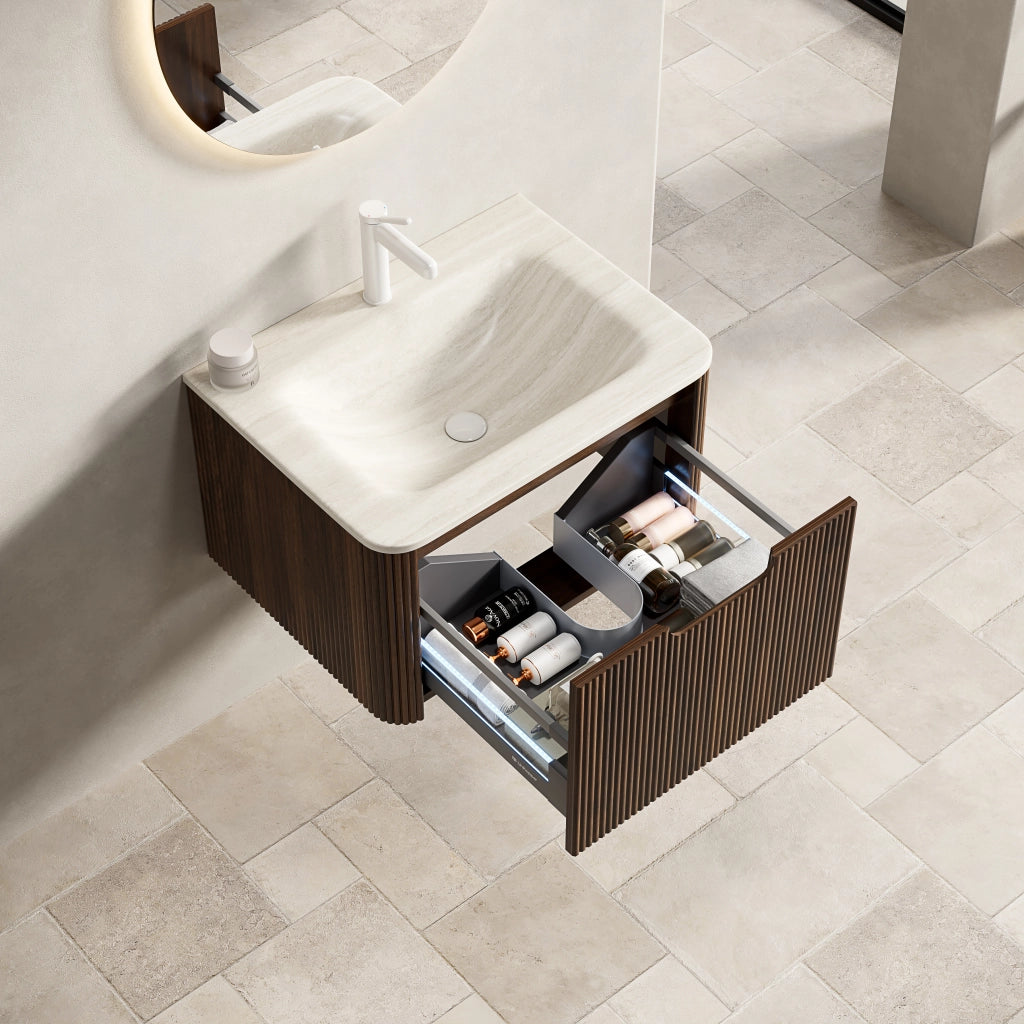 MOBILE BAGNO con lavabo integrato in pietra sinterizzata Beige e Noce