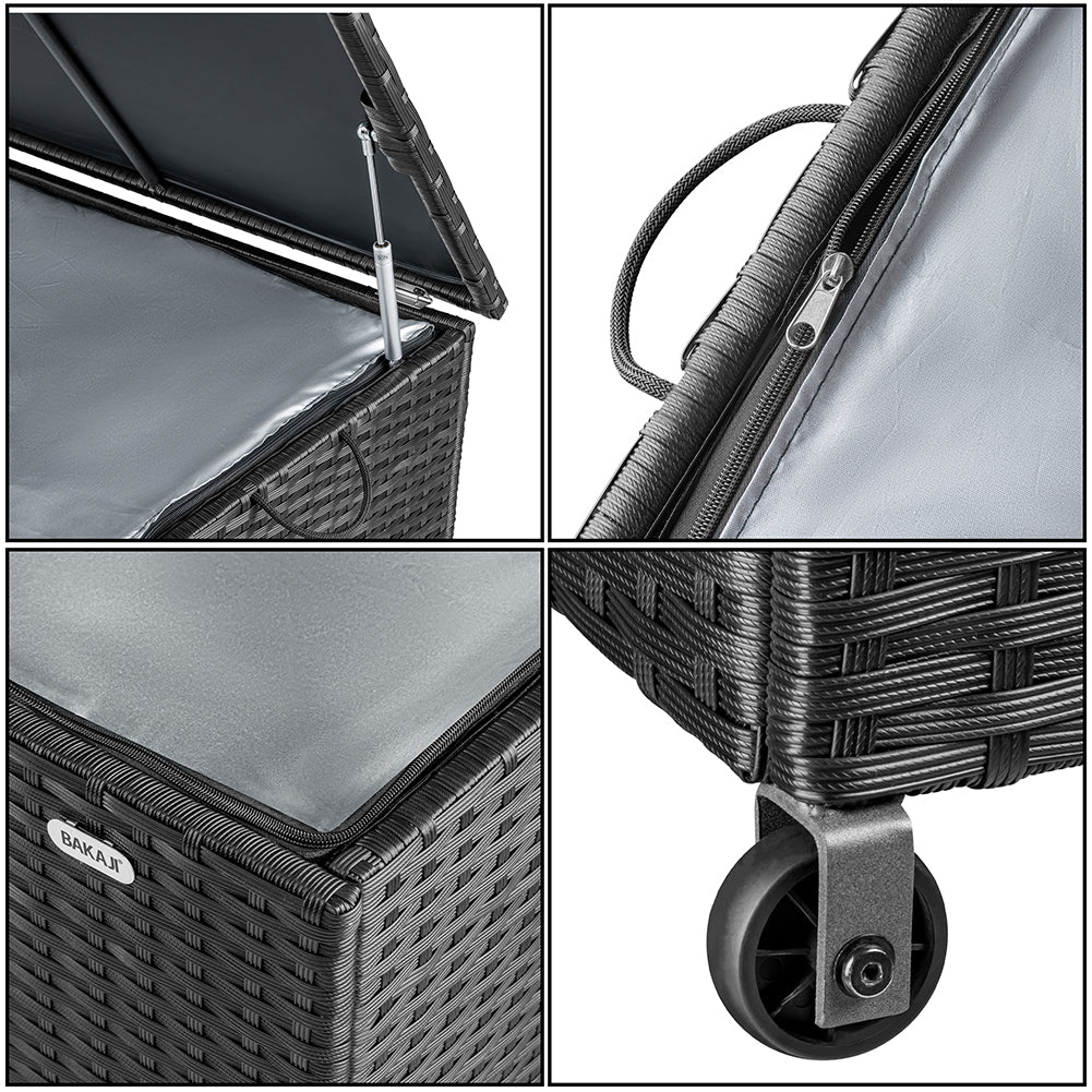 Cassapanca Baule Portaoggetti in Polyrattan XXL Resistente 2Ruote Maniglia Nero