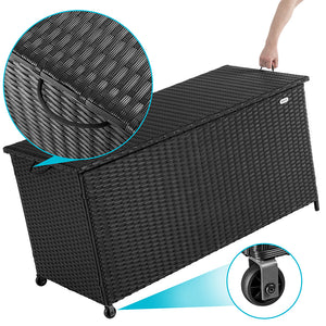 Cassapanca Baule Portaoggetti in Polyrattan XXL Resistente 2Ruote Maniglia Nero