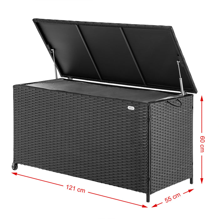 Cassapanca Baule Portaoggetti in Polyrattan XXL Resistente 2Ruote Maniglia Nero