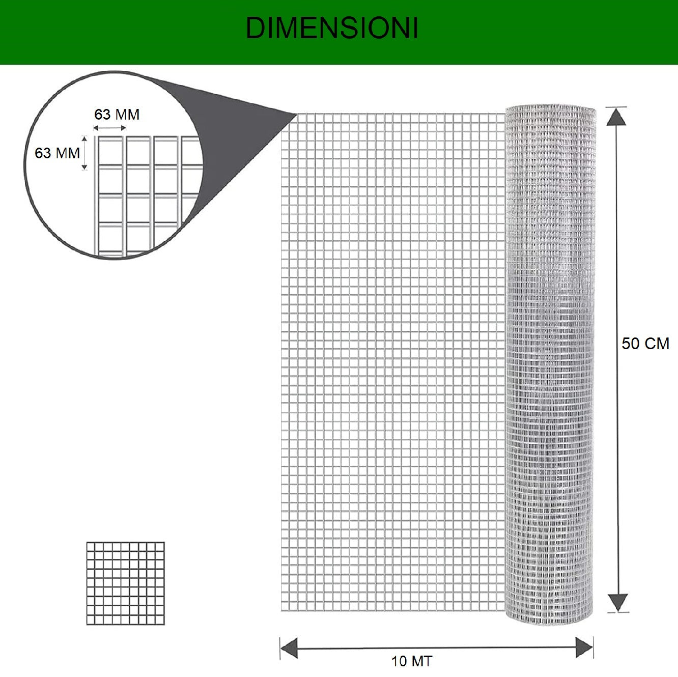 Recinzione Rete Metallica Elettrosaldata H 0.5 x 10MT Maglia 63x63mm Antiruggine