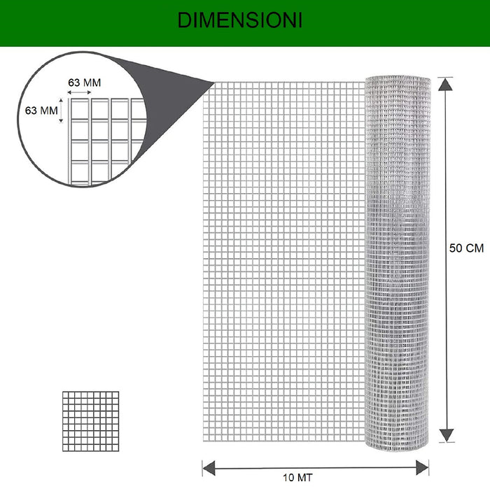 Recinzione Rete Metallica Elettrosaldata H 0.5 x 10MT Maglia 63x63mm Antiruggine