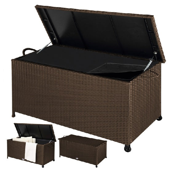 Cassapanca Baule Portaoggetti in Polyrattan XXL Resistente 2Ruote Maniglia Marrone