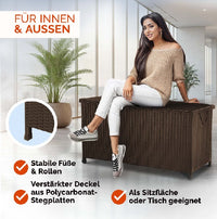 Cassapanca Baule Portaoggetti in Polyrattan XXL Resistente 2Ruote Maniglia Marrone