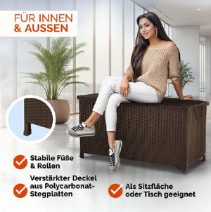 Cassapanca Baule Portaoggetti in Polyrattan XXL Resistente 2Ruote Maniglia Marrone