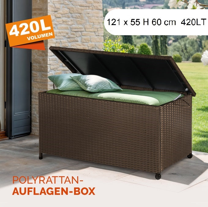 Cassapanca Baule Portaoggetti in Polyrattan XXL Resistente 2Ruote Maniglia Marrone