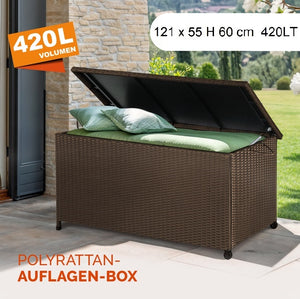 Cassapanca Baule Portaoggetti in Polyrattan XXL Resistente 2Ruote Maniglia Marrone