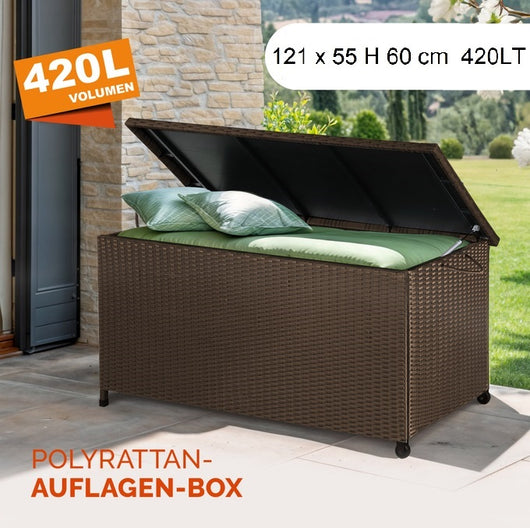 Cassapanca Baule Portaoggetti in Polyrattan XXL Resistente 2Ruote Maniglia Marrone