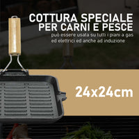 Kit 2pz Bistecchiera in Ghisa Manico Legno Pieghevole Antiaderenti 24x24 21x35 cm