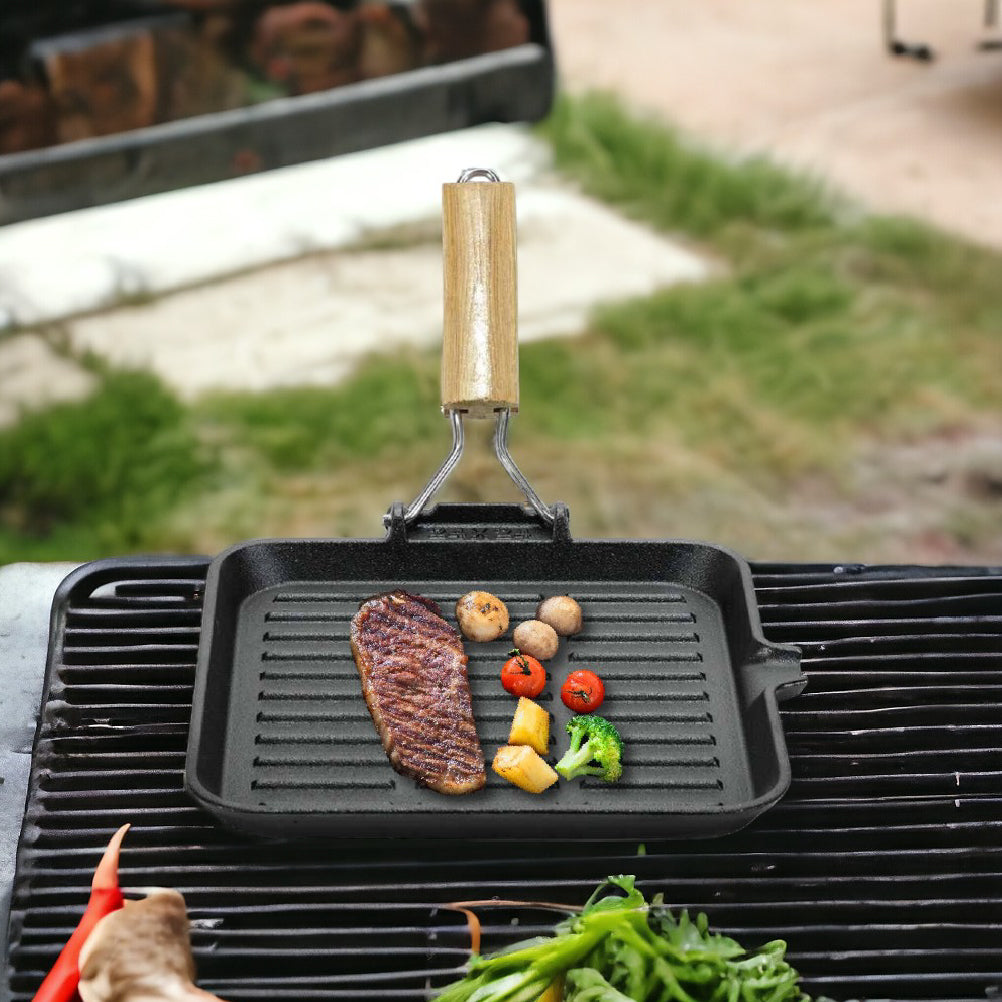 Kit 2pz Bistecchiera in Ghisa Manico Legno Pieghevole Antiaderenti 24x24 21x35 cm