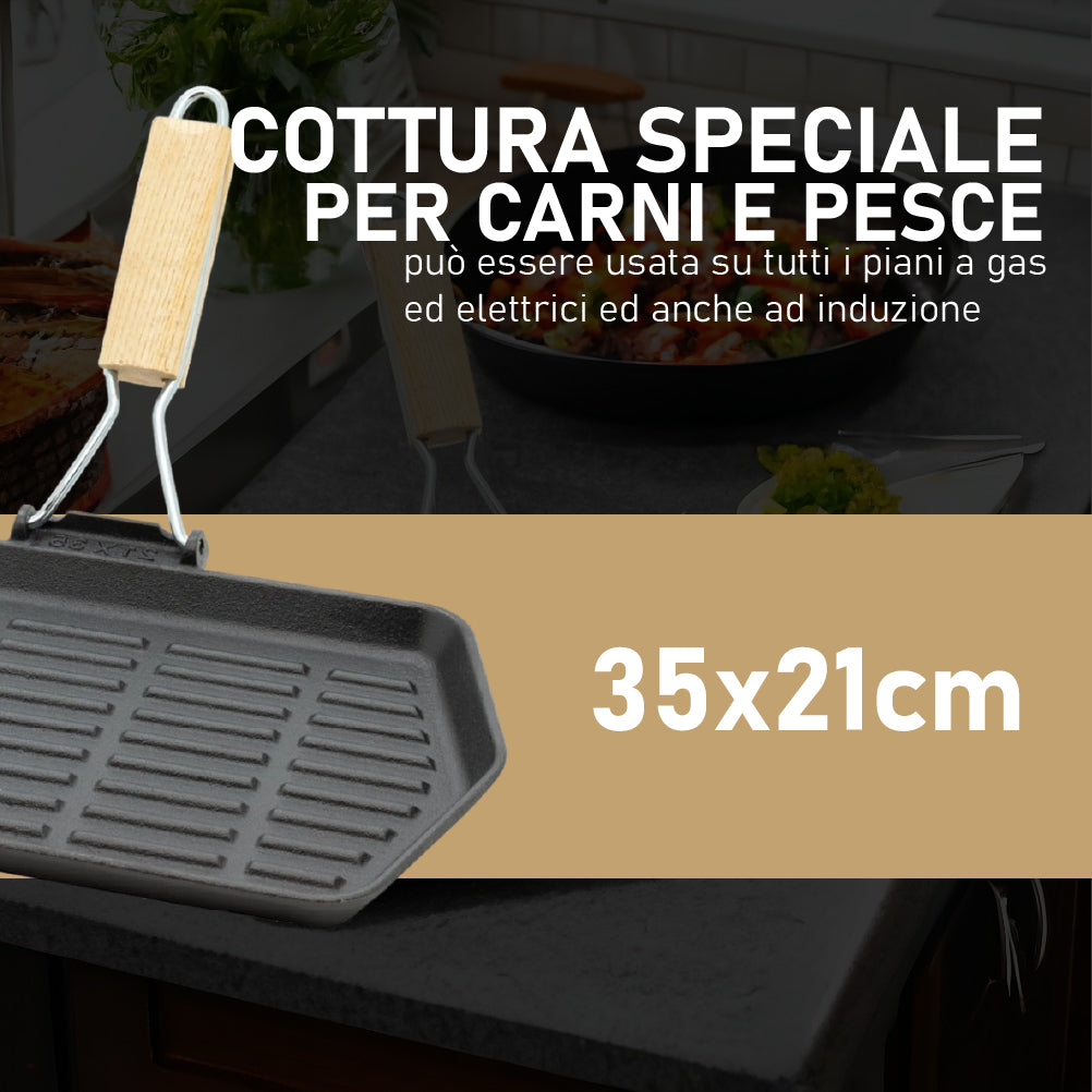Kit 2pz Bistecchiera in Ghisa Manico Legno Pieghevole Antiaderenti 24x24 21x35 cm