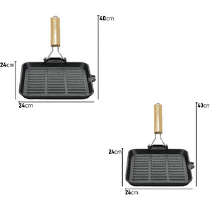 Kit 2pz Bistecchiera in Ghisa Manico Legno Pieghevole Antiaderenti 24x24 21x35 cm