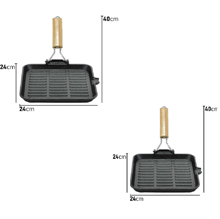 Kit 2pz Bistecchiera in Ghisa Manico Legno Pieghevole Antiaderenti 24x24 21x35 cm