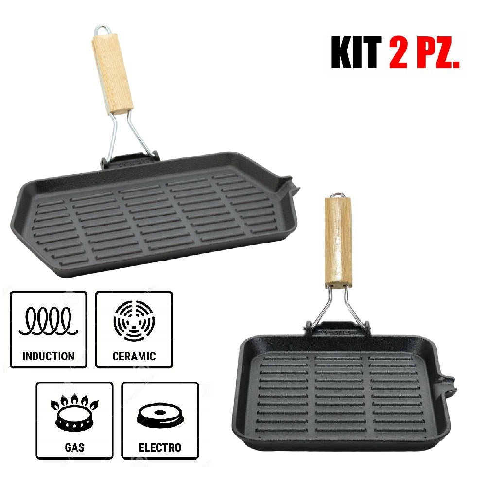 Kit 2pz Bistecchiera in Ghisa Manico Legno Pieghevole Antiaderenti 24x24 21x35 cm
