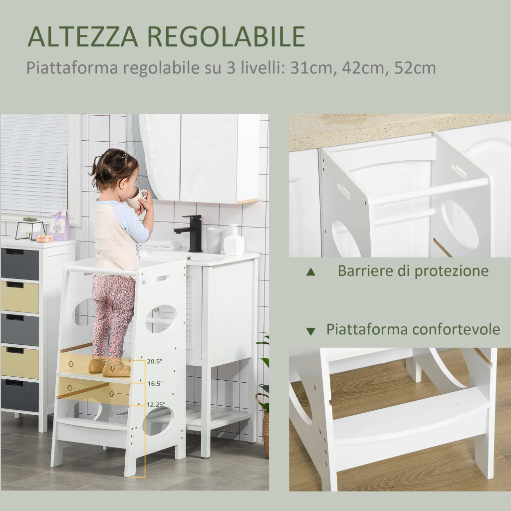 EasyComfort Torre Montessoriana per Bambini, Learning Tower con Altezza Regolabile in MDF, 40x50x90cm, Bianco