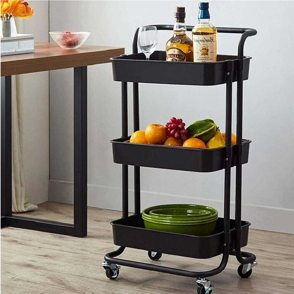 Carrello Trolley Cucina 4ruote 3 Cestini Metallo e Abs 42x35.5 H86 Salvaspazio Nero