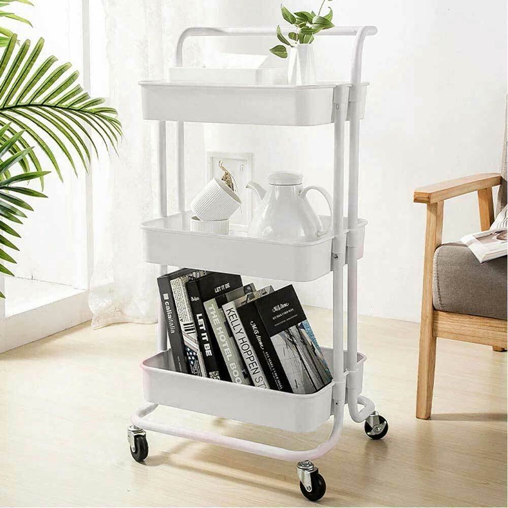 Carrello Trolley Cucina 4ruote 3 Cestini Metallo e Abs 42x35.5 H86 Salvaspazio Bianco