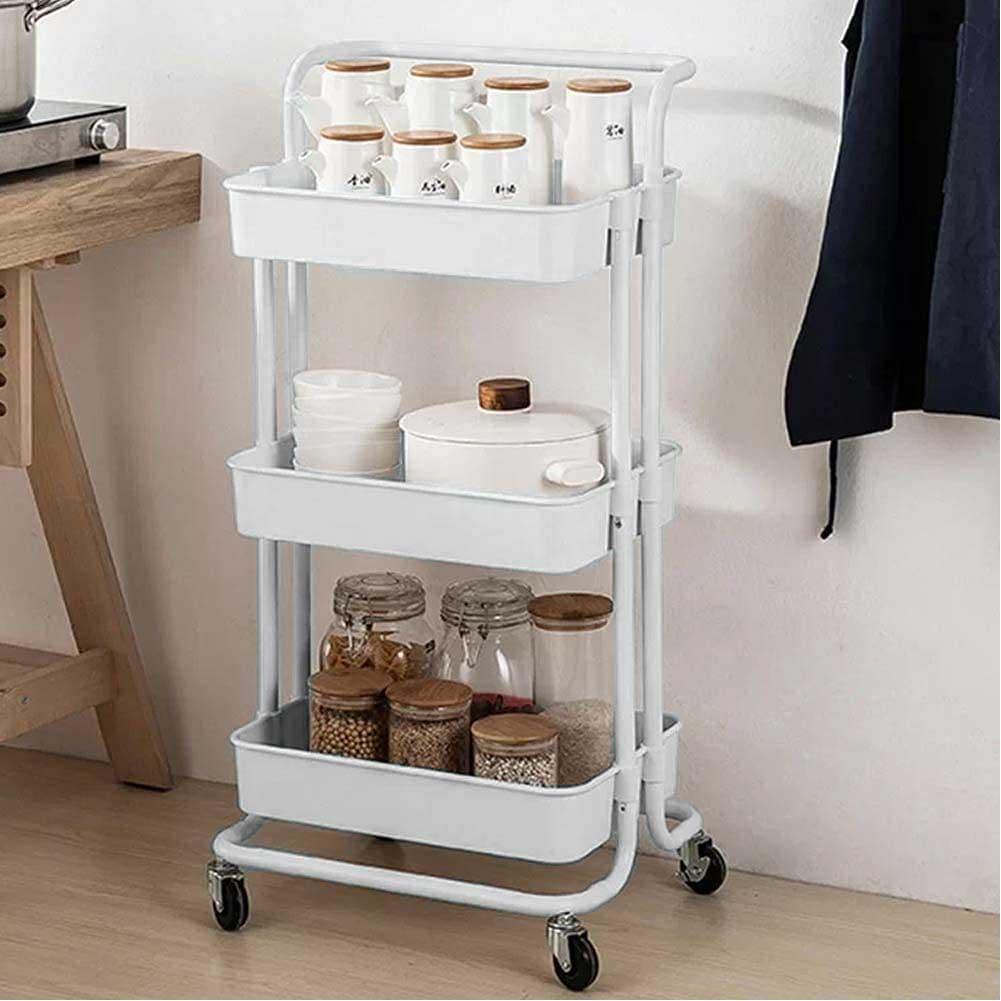 Carrello Trolley Cucina 4ruote 3 Cestini Metallo e Abs 42x35.5 H86 Salvaspazio Bianco