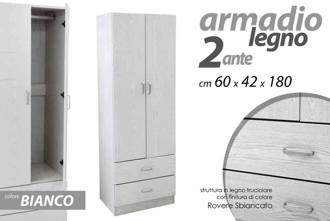 ARMADIO 2 ANTE 2 CASSETTI LEGNO TRUCIOLARE BIANCO 60 X 42 X 180 CM