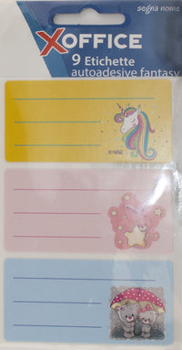 9 ETICHETTE SEGNA NOME MULTIUSO AUTOADESIVE FANTASY  73 X 37 MM COLORI ASSORTITI