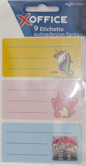 9 ETICHETTE SEGNA NOME MULTIUSO AUTOADESIVE FANTASY  73 X 37 MM COLORI ASSORTITI