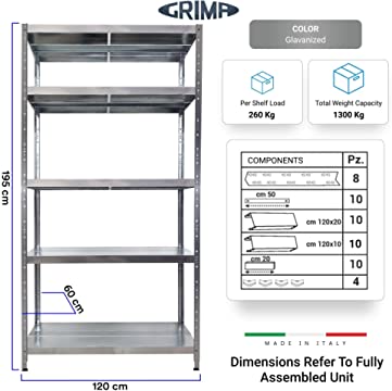 SCAFFALE IN METALLO MACISTE 120 X 60 X 195 H 5 PIANI KG 260 SENZA BULLONI
