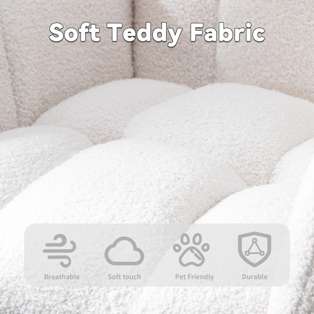 Poltrona a dondolo in tessuto teddy con schienale ergonomico e base in legno, per soggiorno e cameretta, bianco
